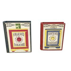 Vintage 2002 Tender Heart Treasures Book Shaped Wood Piggy Bank Set of 2